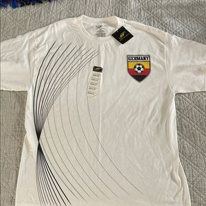 White Tee with Black Abstract Design and Colorful Logo